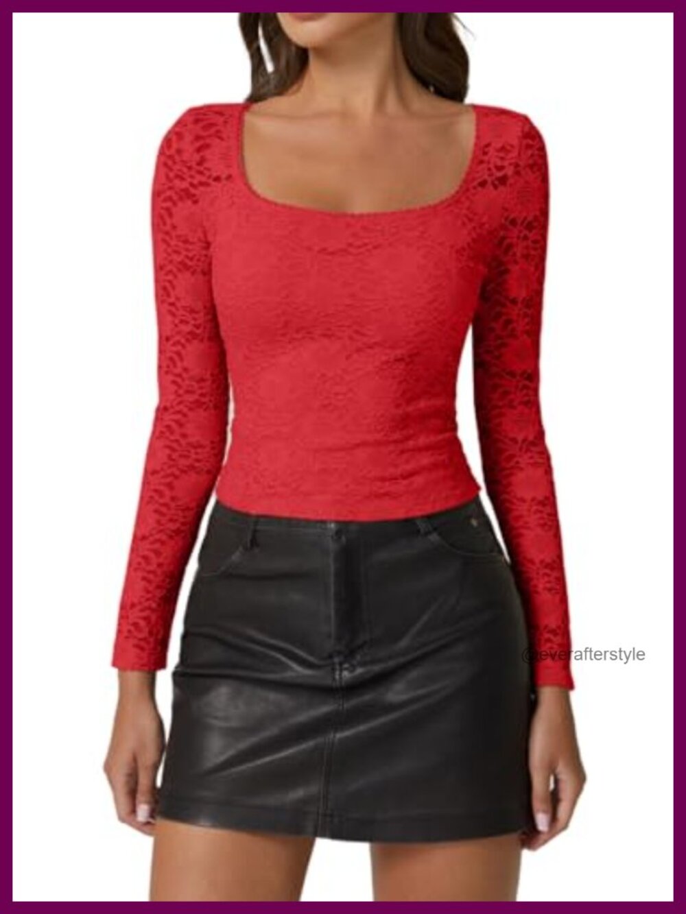QINSEN Floral Lace Long Sleeve Crop Top Square Neck Slim Fit